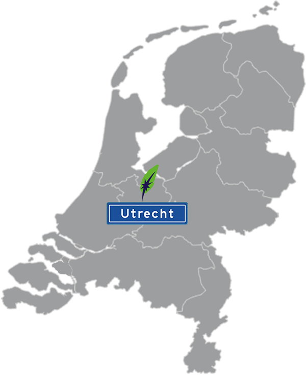 Landkaart Nederland grijs - locatie Dagnall Taleninstituut in Utrecht - aangegeven met blauw plaatsnaambord met witte letters en Dagnall veer - op transparante achtergrond - 600 * 733 pixels